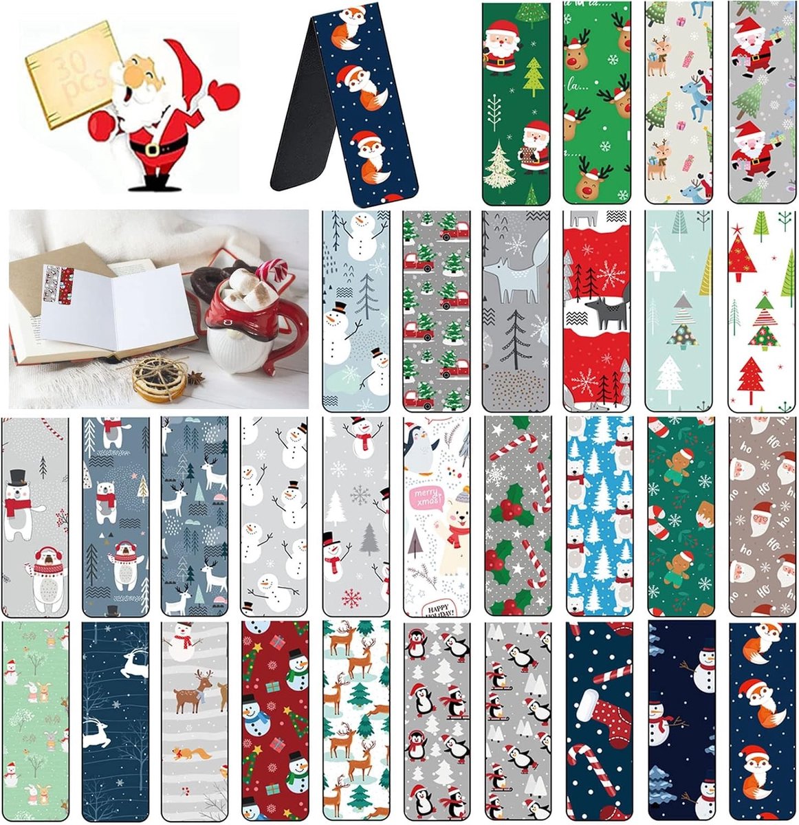 Kleurrijke Magnetische Boekenleggers - 30 Stuks met Kerstthema, Santa Claus, Sneeuwman en Rendier Design
