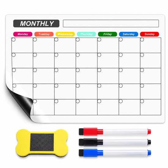 Agenda mensuelle magnétique avec jours de la semaine colorés, une gomme en forme d'os et trois marqueurs.