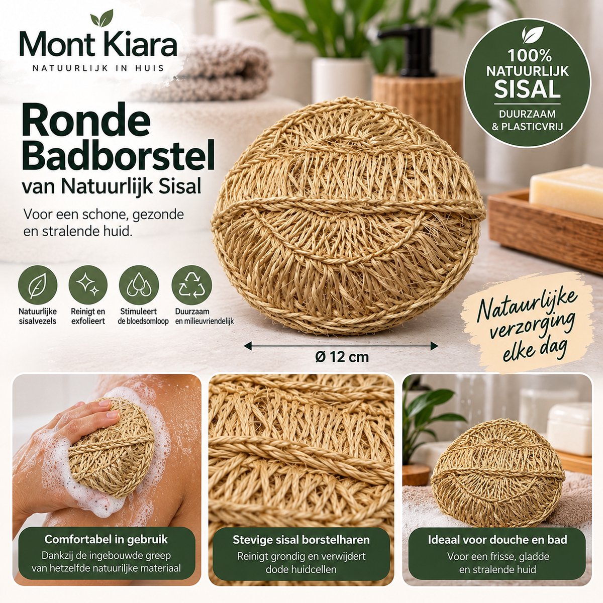 Mont Kiara Badborstel Rond 12 cm – Sisal Lichaamsborstel met Handvat – Natuurlijke Scrubborstel – Exfoliërende Doucheborstel voor Lichaam & Huid