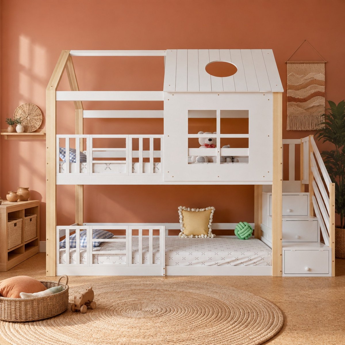 COVREO Stapelbed met opbergladder – Uitvalbeveiliging en opbergruimte – Huisbed voor kinderen – 90x200 cm – Wit en natuur - zonder matras Wit+Natuur