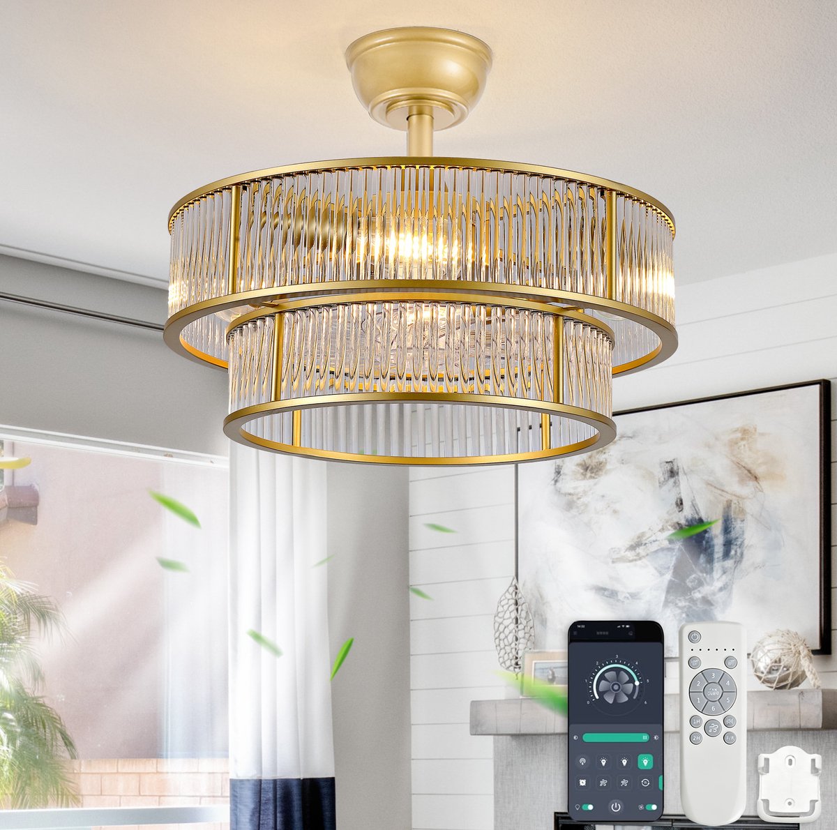 Plafondventilator Met Verlichting – Kristaldesign En Dubbele Bediening – 50 Cm – ABS – Goud – Stil, Timer En Omkeerfunctie