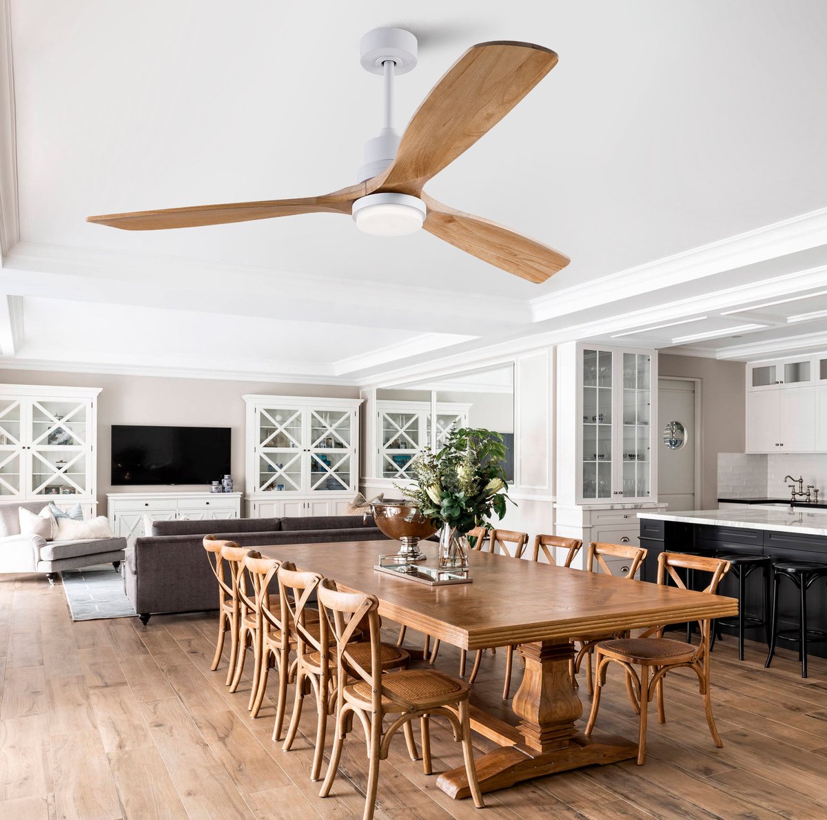 Ventilator STILVORA – Plafondventilator Met Verlichting 150 cm – Hout En Metaal – Naturel Wit – 6 Snelheden Met Afstandsbediening