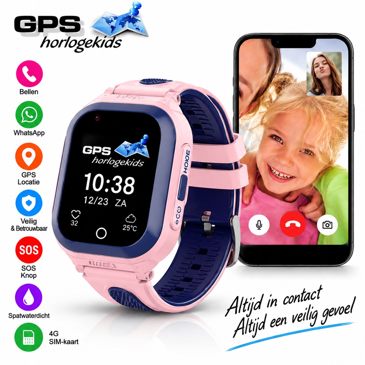 Bol.com GPSHorlogeKids© - GPS horloge kind - smartwatch kinderen - WhatsApp - 4G videobellen - spatwaterdicht - SOS alarm - incl... aanbieding