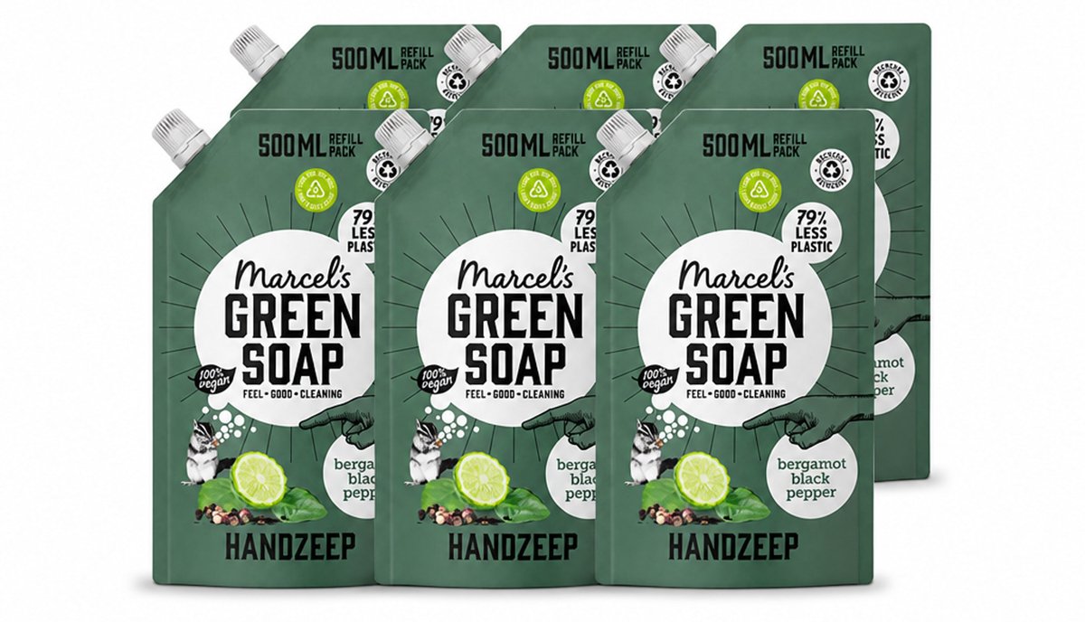 6 x Marcel's Green Soap - Handzeep - Bergamot & Black Pepper - Natuurlijke verzorging - 500 ml - Voordeelverpakking - 6 stuks