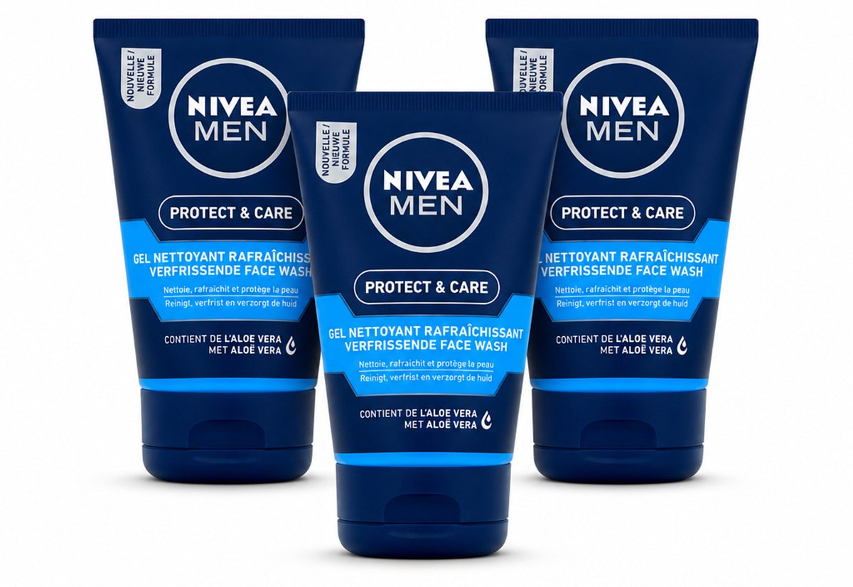 3 x NIVEA MEN - Protect & Care - Reinigingsgel Gezicht - 100 ml - Bulkverpakking - 3 stuks