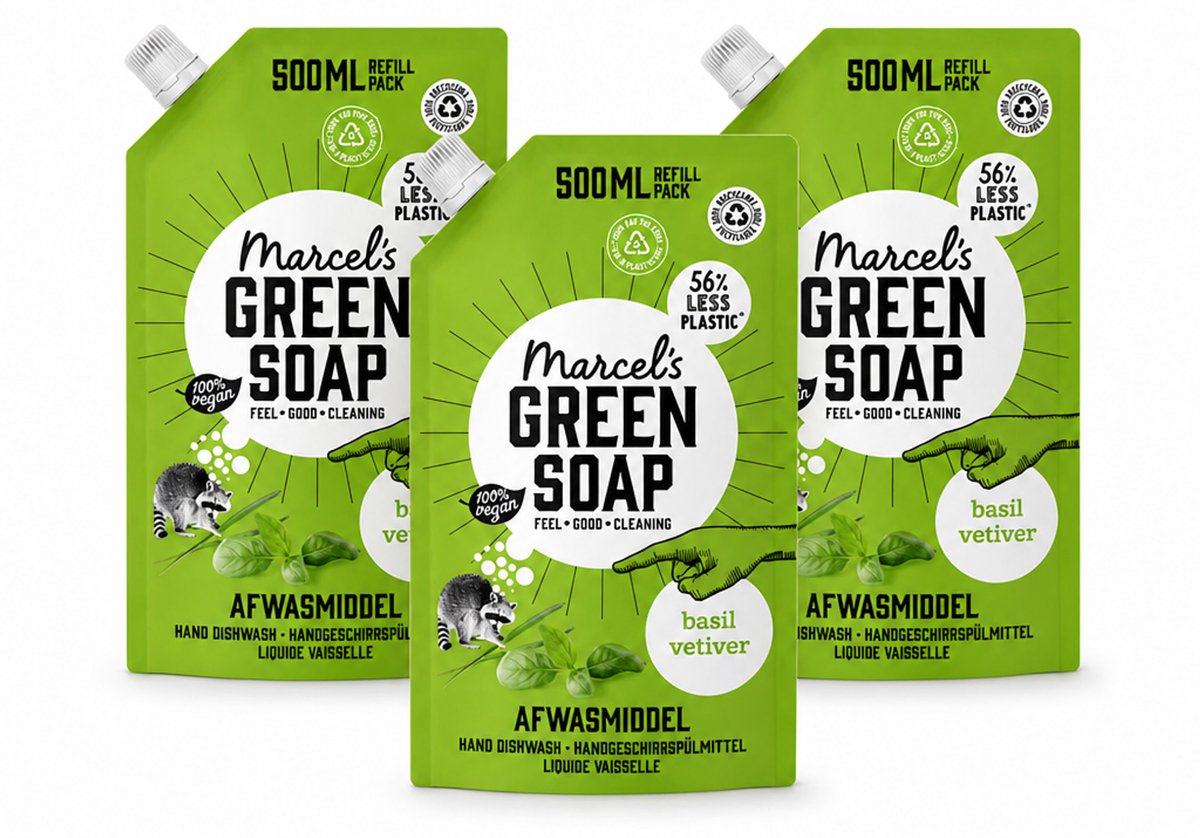 3 x Marcel's Green Soap - Navulling - Afwasmiddel - Basilicum & Vetiver Gras - Plantaardig & duurzaam - 500 ml - Bulkverpakking - 3 stuks