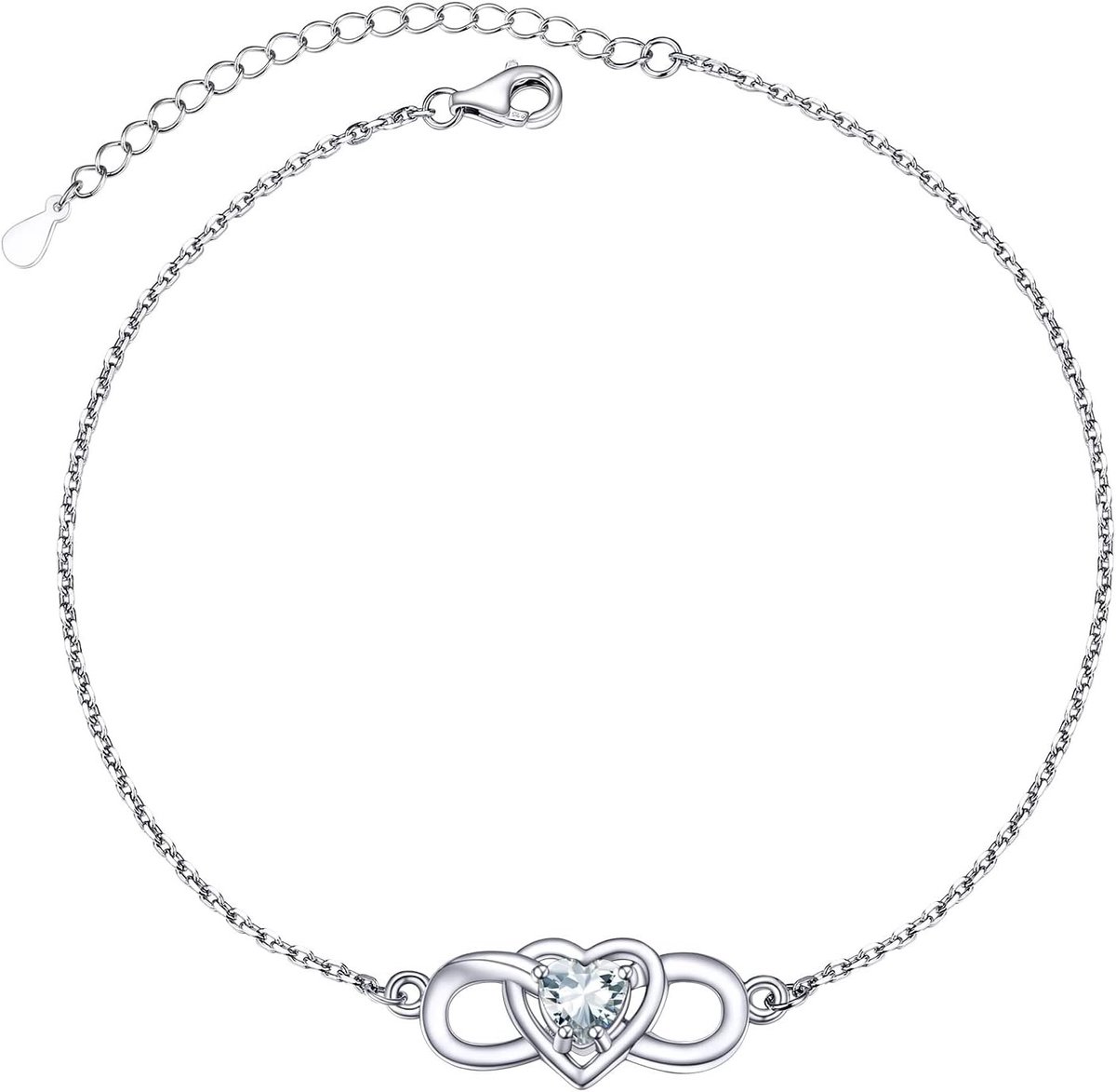 Elegante Figaro Enkelband voor Dames in Zilver met Hartsteen van Synthetische Diamant en Infinity Ontwerp