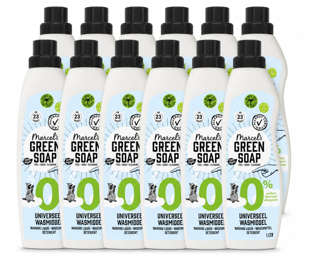 12 x Marcel’s Green Soap – Wasmiddel – Universeel - 0% – Zonder parfum en kleurstof – 1 liter - Voordeelverpakking - 12 stuks