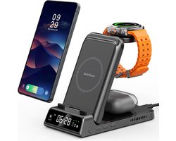 SwanScout 703S - 3-in-1 Draadloze Oplader - voor Samsung Watch 8/Ultra/S26 Ultra/S26/S25/Oortjes met draadloze oplaadfunctie -Opvouwbaar ontwerp - Klokontwerp- Niet voor Samsung Watch 9/Ultra 2