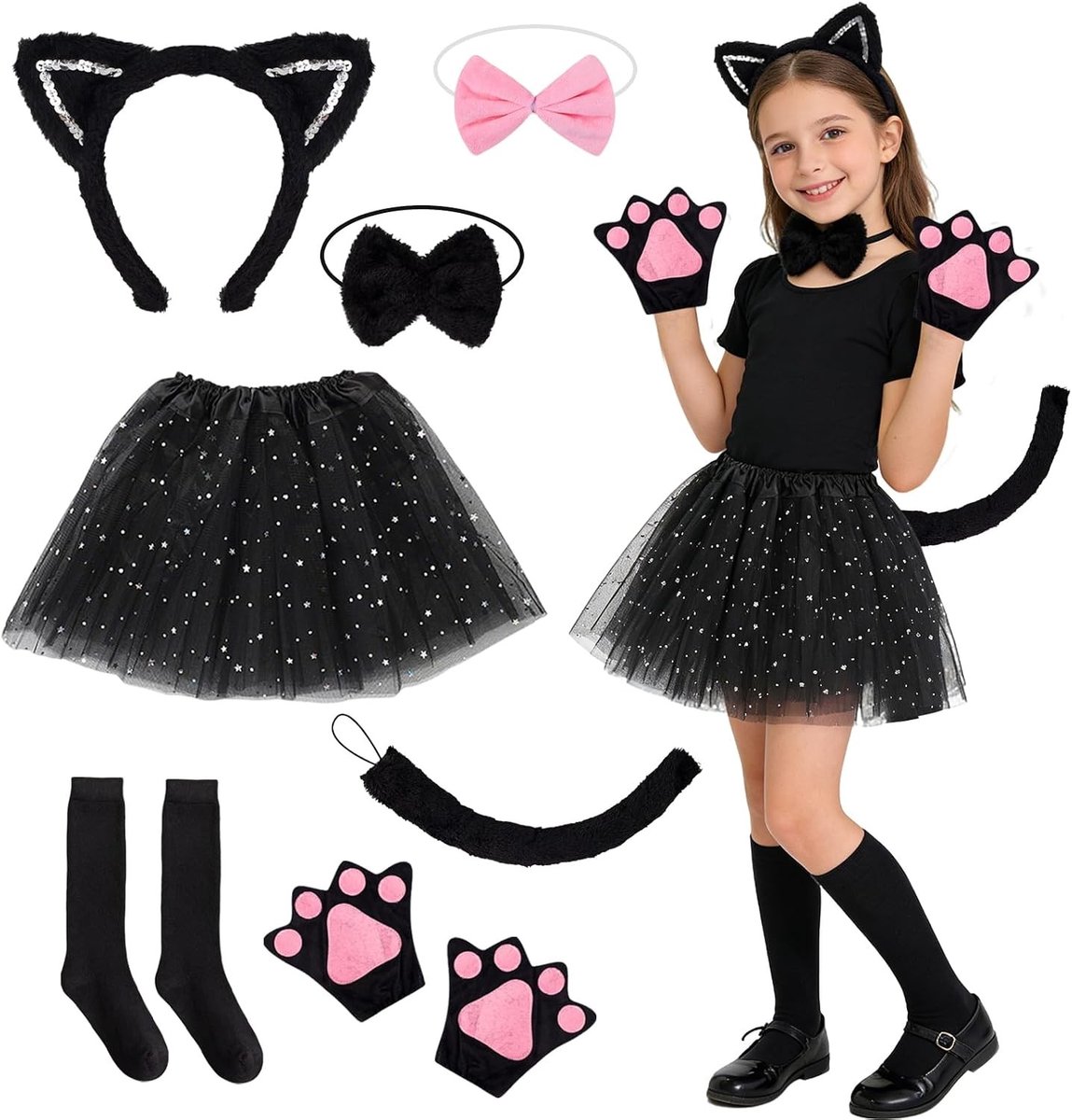 Complete 7-delige kattenkostuumset voor dierenfeestjes, Halloween en verkleedpartijen