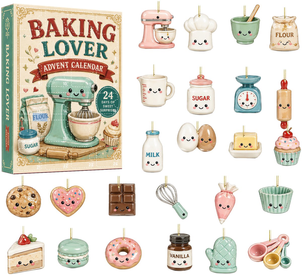 Bakliefhebber adventskalender 2026- 24 stuks schattige 2D acryl hangornamenten met bak‑ en dessertmotieven- 24‑daagse aftelkalender voor kerstboomversiering en origineel cadeau voor bakfans