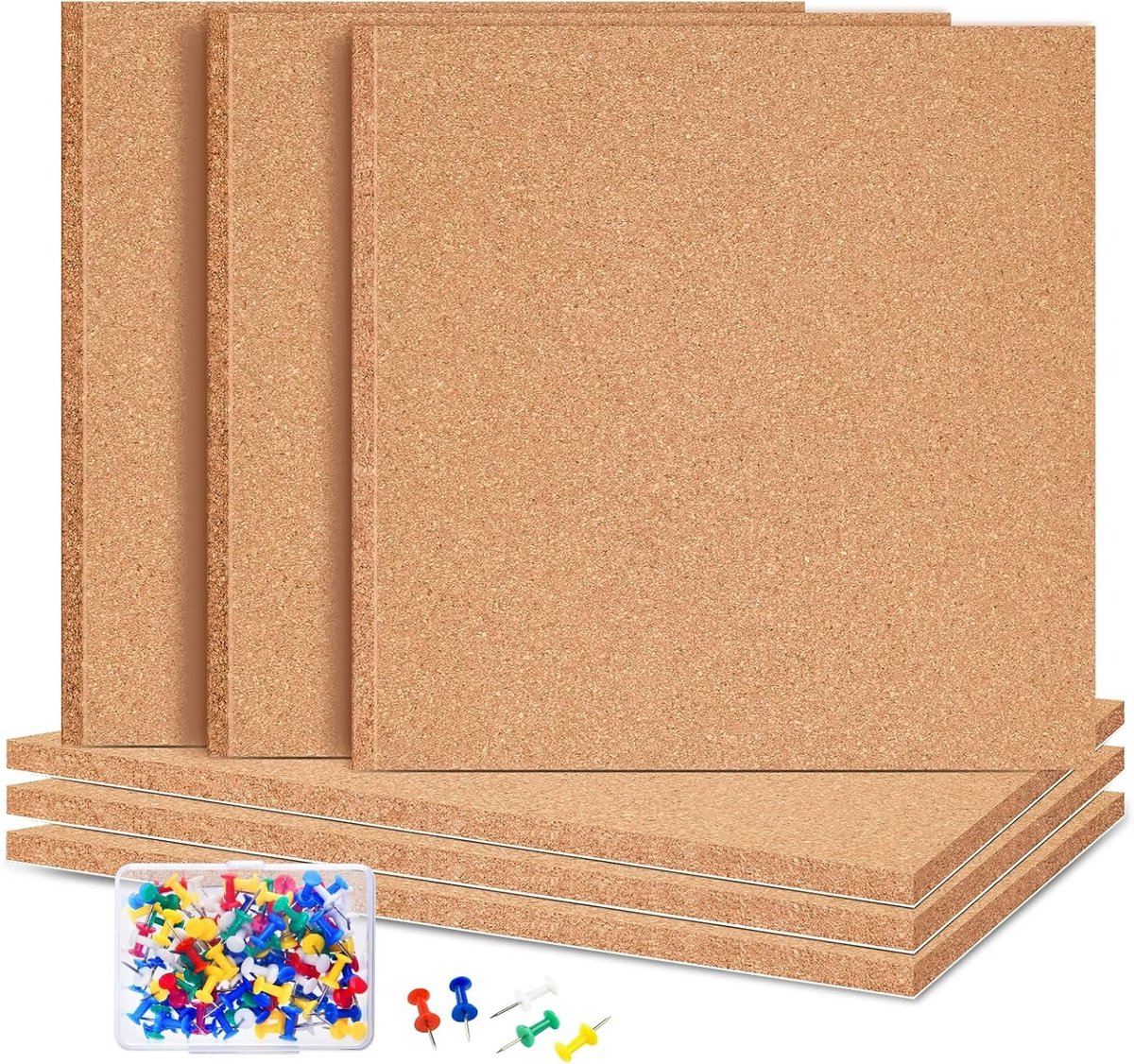 Set van 6 Zelfklevende Vierkante Kurken Planken voor Muurdecoratie met 100 Duimspijkers voor School en Kantoor (30cm x 30cm x 1/4inch)