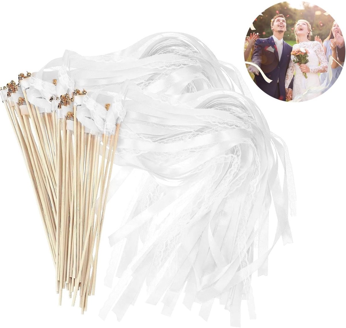 Houten Stokjes Met Belletjes - Handgemaakte Lint Stokken - Feest Accessoire - Heldere Bellengeluid - Romantische Kant Decoratie - Gepolijst Hout En Metaal - Duurzaam Alternatief Voor Confetti - Veelzijdig Voor Evenementen - 30 Stuks