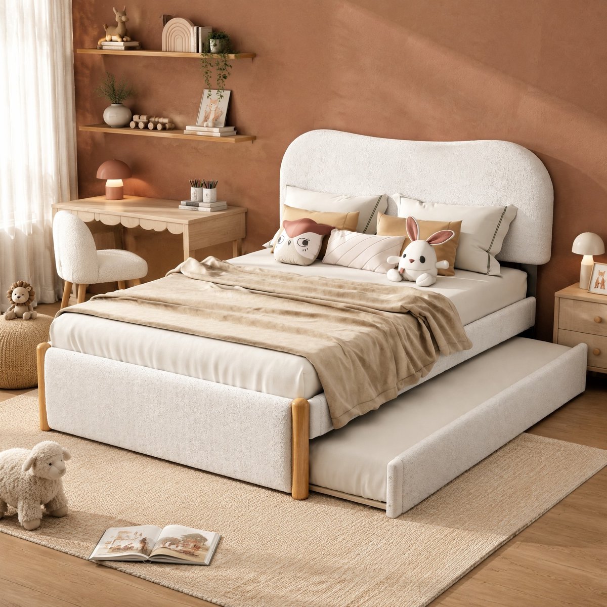COVREO 140x200cm uitklapbaar kinderbed - kinderbedbank met uitklapbaar bed, wit, plush stof + MDF, makkelijk te monteren