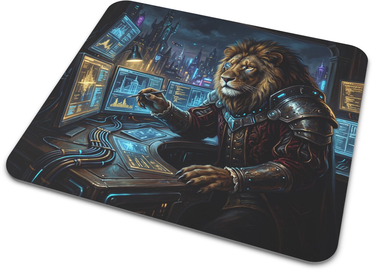 Muismat Cyberpunk Leeuw Bevelhebber Klassiek Olieverf Bureau Muismat Gaming Kantoor Cadeau 22x20 cm