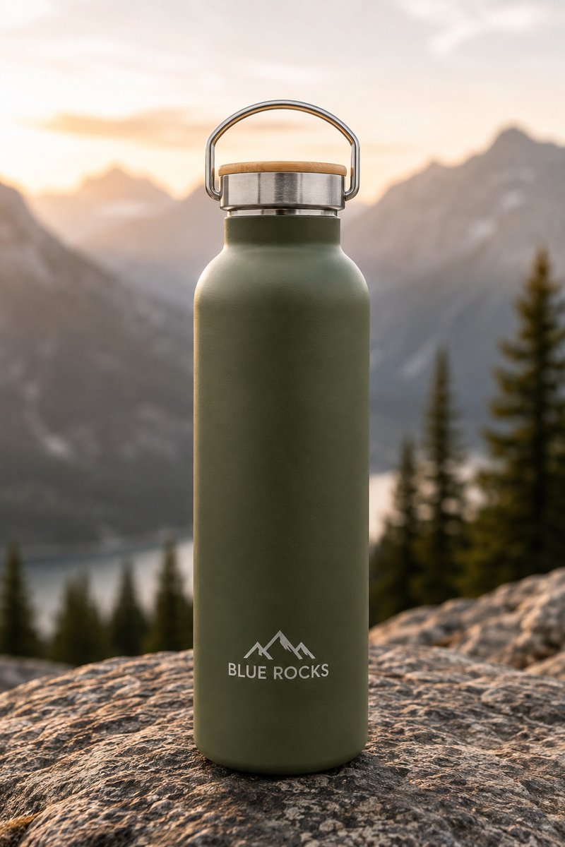 Blue Rocks® - Summit Green - Thermosfles 750ml - Waterfles - Dubbelwandige drinkfles - Plasticvrij - Loodvrij - Geisoleerde fles - Warme Koude dranken - School - Kind - Reizen, Wandelen, Werk, Sport, Yoga - Dagelijks gebruik - RVS - Groen - Green — cadeau in Sport & Outdoor - foto 5