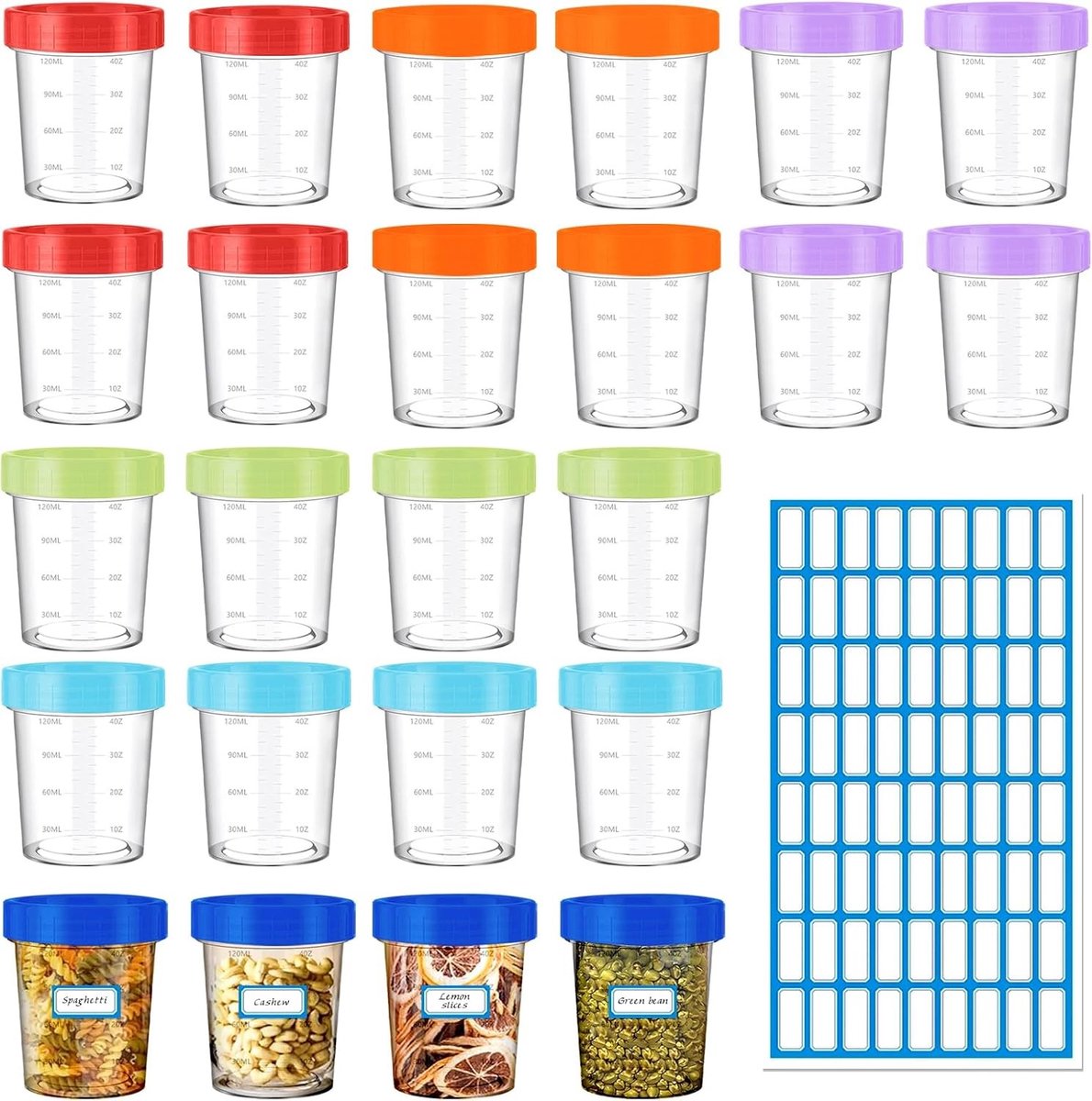 24 Stuks Voedselopslagdozen met Deksel - Kleine Plastic Dozen van 120ml in 6 Kleuren voor Sauzen, Dips, Snacks en Yogurt met Meetlijn en Etiketten