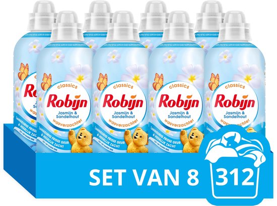 Set van 8 flessen Robijn wasverzachter Jasmijn & Sandelhout, met vlinders en bloemen