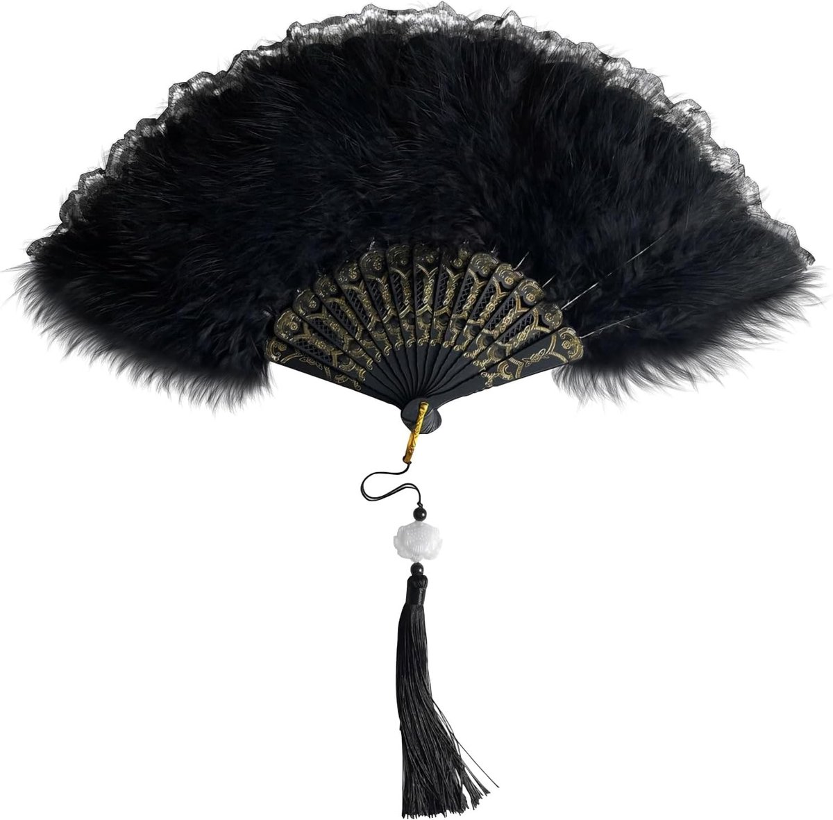 Vouwbare Handventilator met Maraboeveren en Geborduurde Bloemen voor Halloween, Dans, Feest en Decoratie - Zwart, Elegant Accessoire voor Theepartijen en Shows