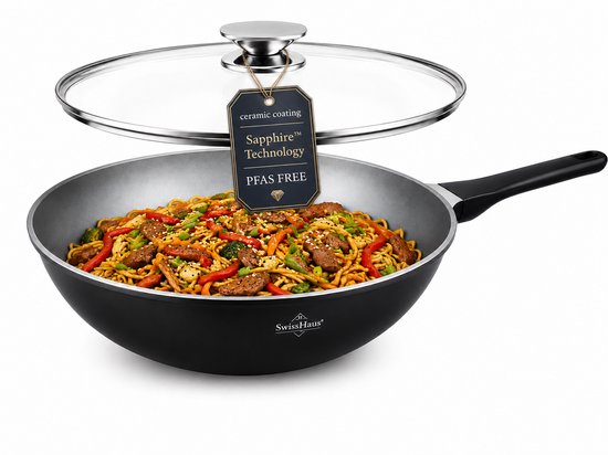 Swiss Haus® BW30B Wokpan Inductie met Deksel - Ø 30 cm / 4.7 Liter - PFAS Vrij - Wokpannen Voor Alle Warmtebronnen - Wok Pan Met Sapphire™ Antiaanbaklaag - Zwart
