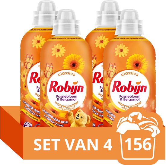 Set van 4 oranje flessen Robijn wasverzachter Passiebloem & Bergamot met bloemen en vlinders. 156 wasbeurten.