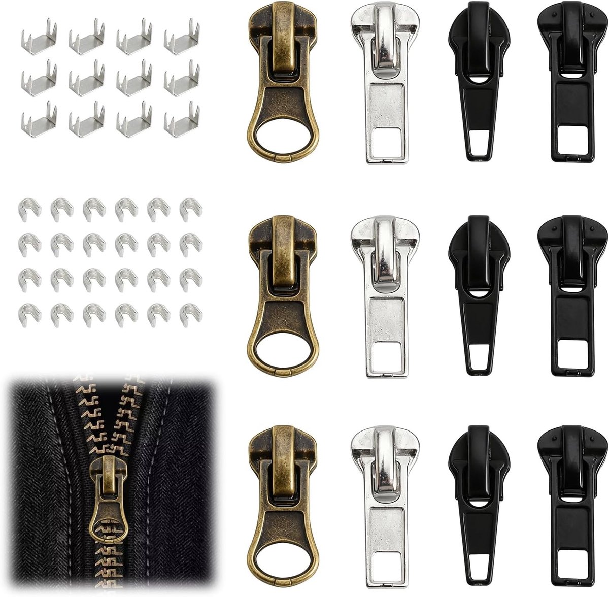 Eindeloze rits - Reparatieset - Zwart, Zilver, Brons - 48-delige Zinklegering Kit - Universeel voor Jassen en Tassen