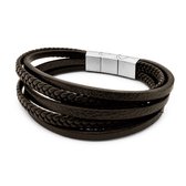 Frank 1967 heren armband van donkerbruin gevlochten leer met stalen magneetsluiting. Meerdere lagen.