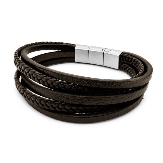 Frank 1967 heren armband van donkerbruin gevlochten leer met stalen magneetsluiting. Meerdere lagen.