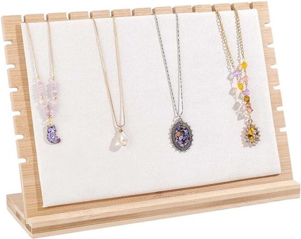 Bamboe Ketting Display Stand 32x9.5x21cm voor Sieraden, Organisator en Presentatiestandaard met Witte Fluwelen Mat voor Thuis en Winkel