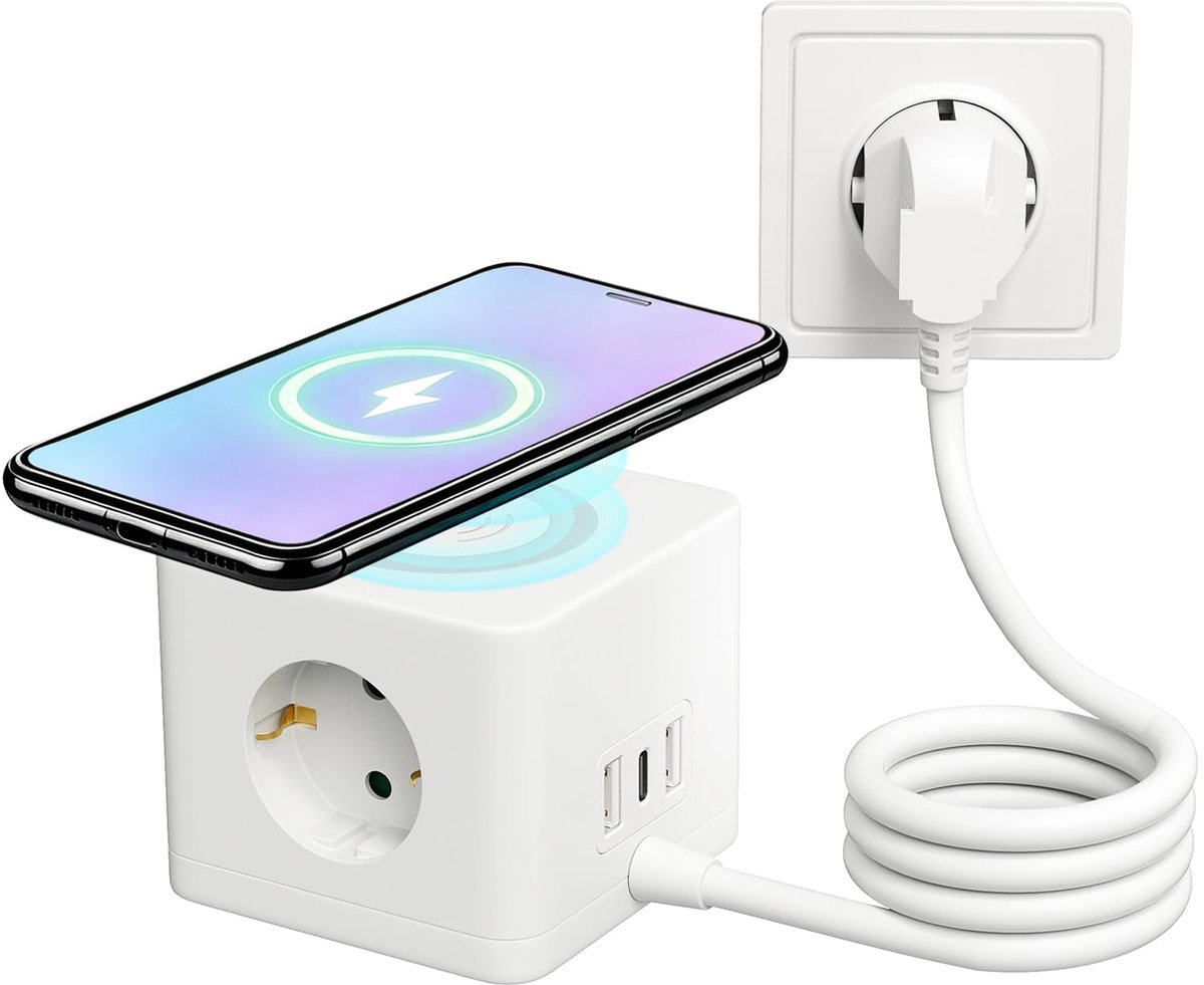 KDE Torenstopcontact met draadloos opladen, USB-A en USB-C, 1,5 m, ideaal voor kantoor en thuis - ShopVlot