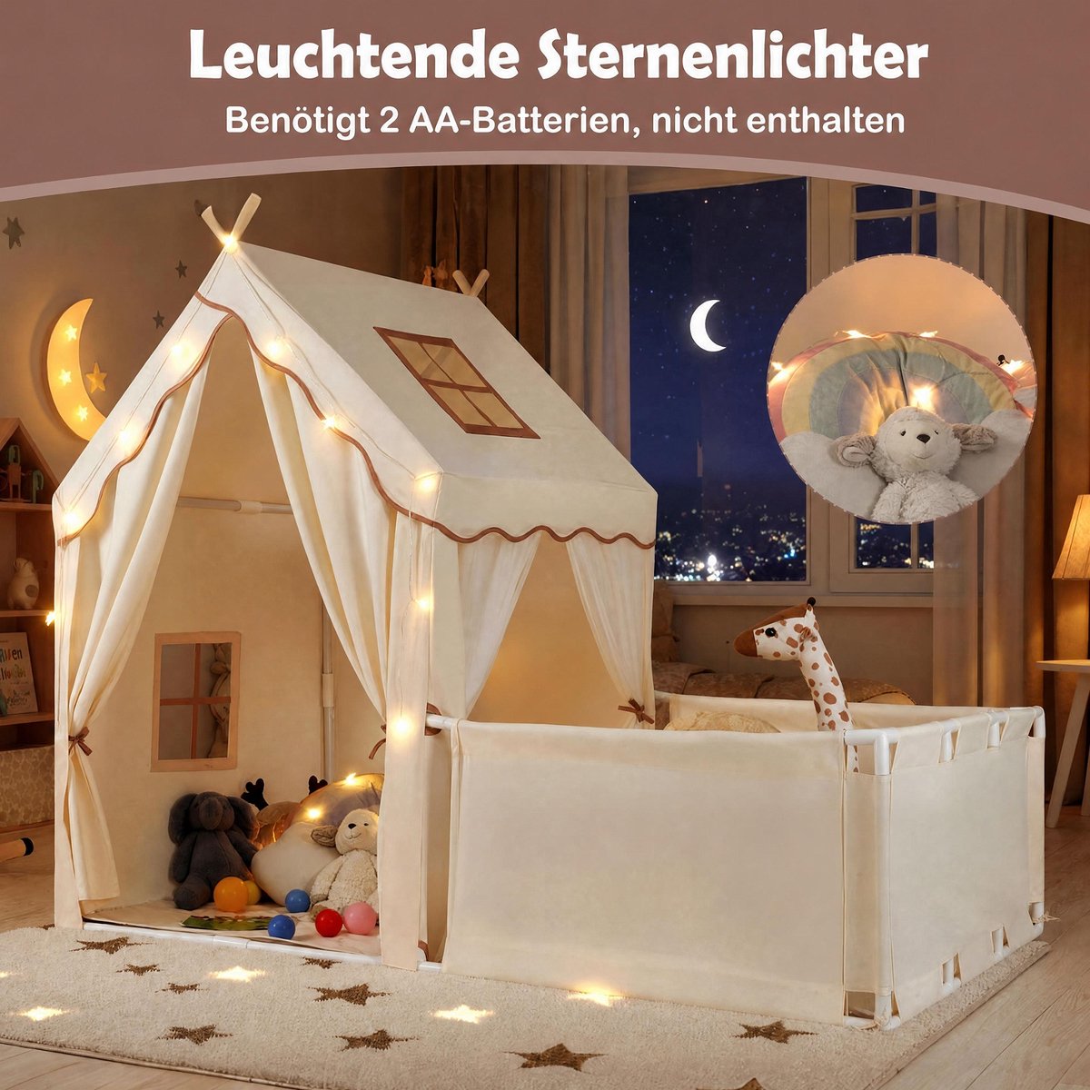COSTWAY 2-in-1 kindertent met looprek, kinderspeelhuis voor binnen met mat & lichtketting, grote kinderspeeltent, speelgebied 177 x 97 x 136 cm, tent kinderkamer voor jongens en meisjes (beige) — cadeau in Spellen & Speelgoed - foto 5
