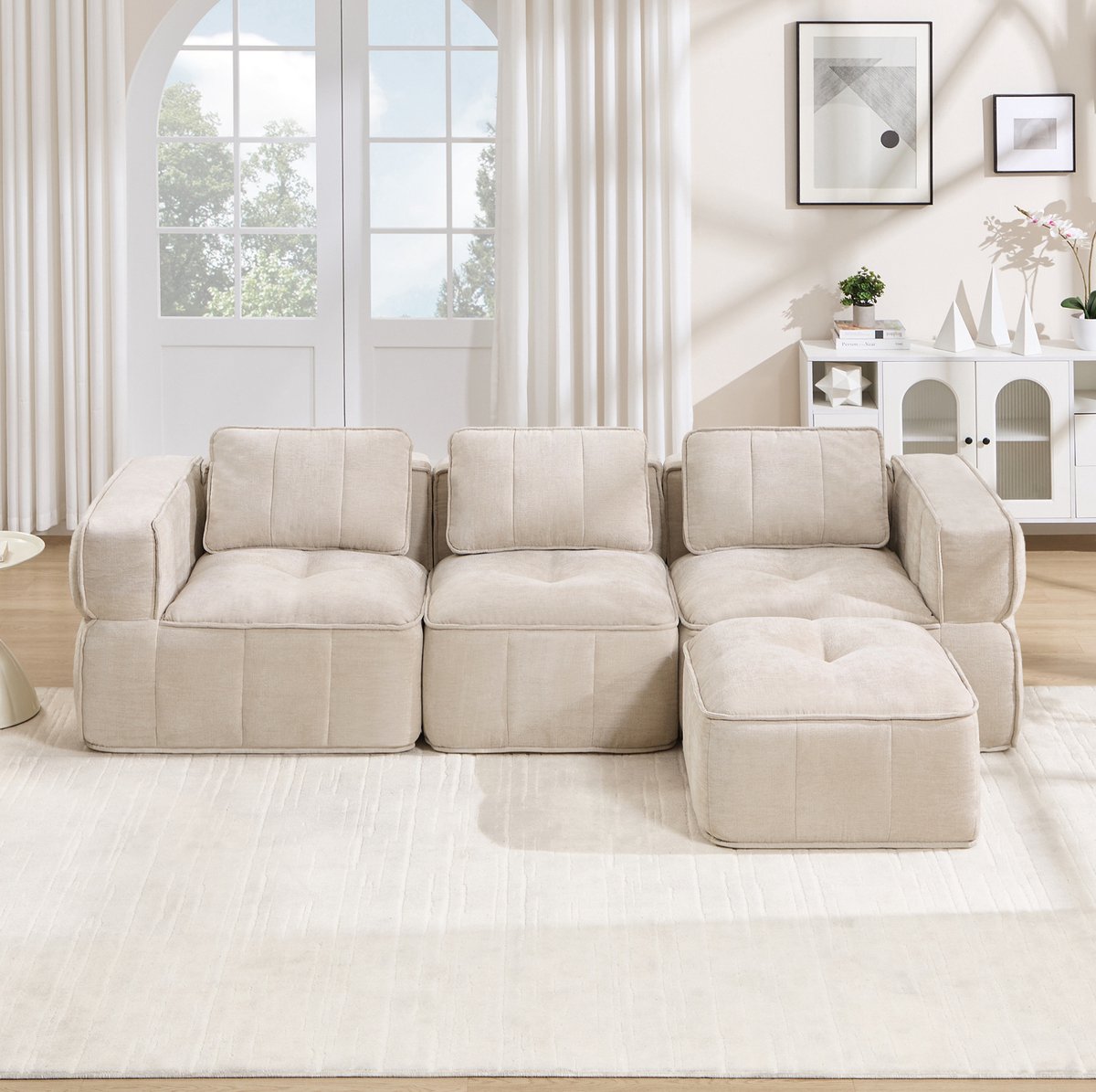 Wishdor Hoekbank 3-zits - L-vormig modulair ontwerp - Met 1 hocker en brede armleuningen - Design - Woonkamer - Polyester - Beige - 271 x 162 x 67 cm