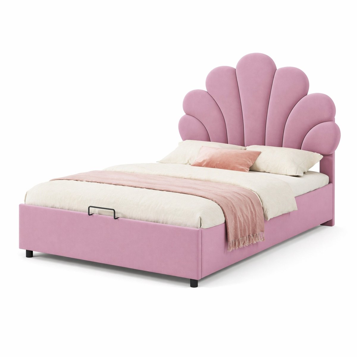 WUVRIE Gestoffeerd bed 90x200 cm met bloemvormig hoofdeinde, hydraulische opbergruimte, roze