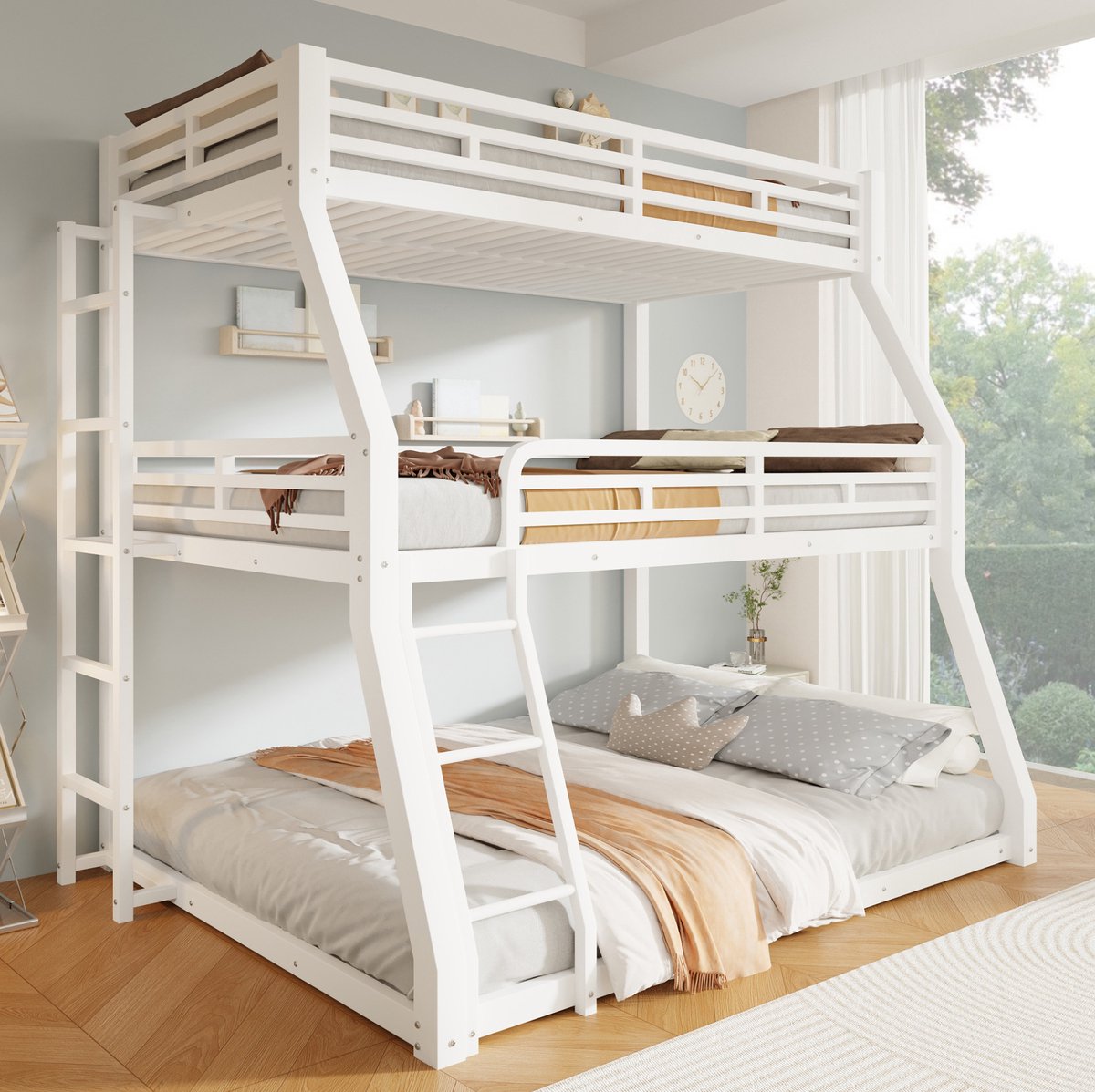 REDOM - Stapelbed - Drie slaapniveaus - Ladder links of rechts monteerbaar - Veiligheidsrails - Minimalistische stijl - Metaal - Wit - 213 x 147 x 193 cm