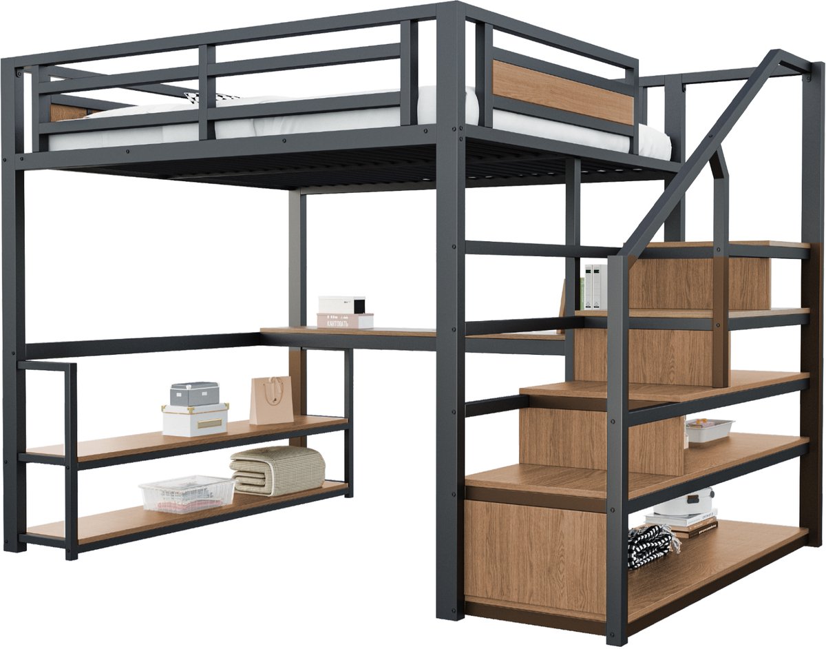 Metalen hoogslaper - Zwarte hoogslaper met opbergtrap - Bureau en planken - Ruimtebesparend - 150kg - Slaapkamer - 140x200 cm - Zwart