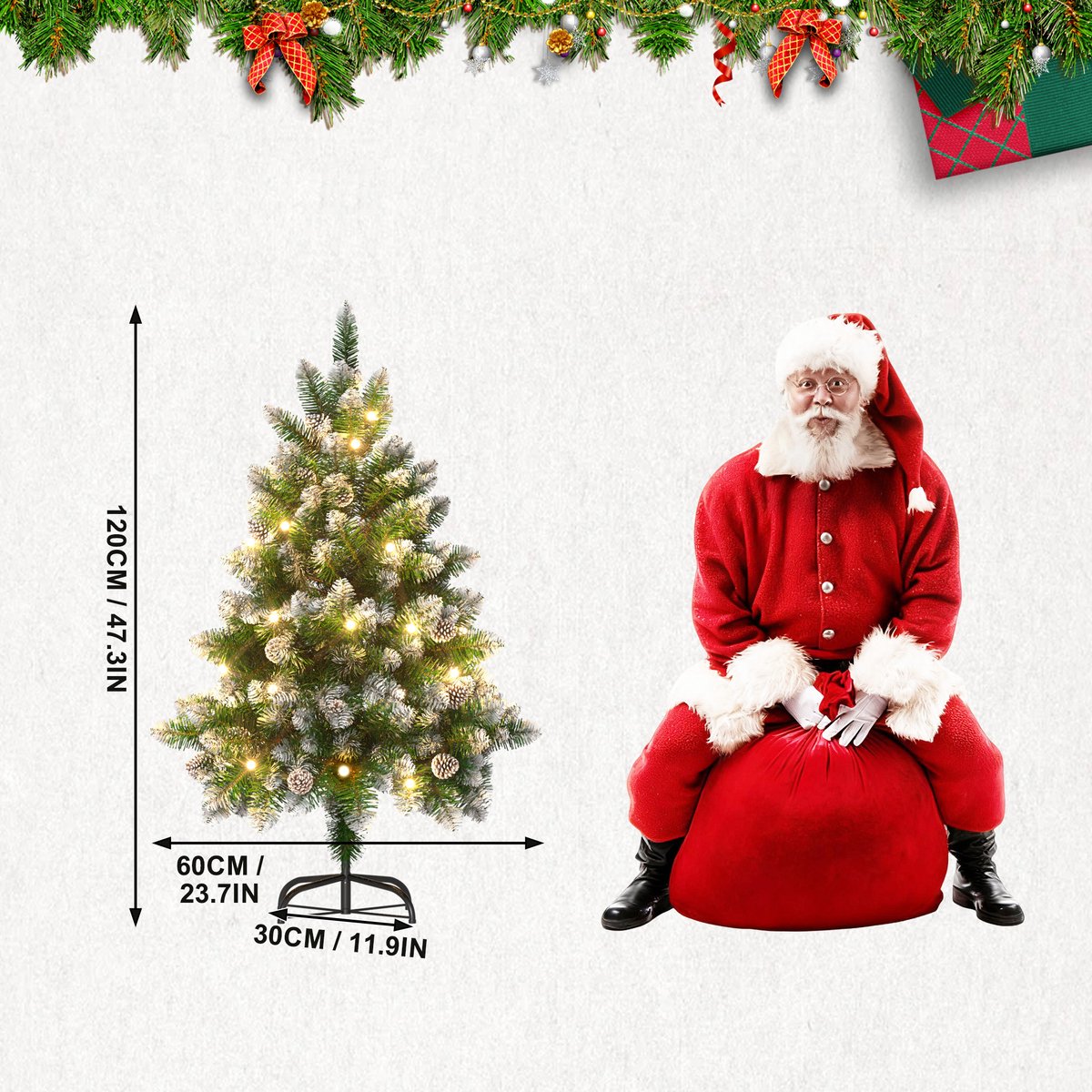 Kunstkerstboom 120 cm met LED Verlichting - Brandvertragend PVC - met Sneeuw en Dennenappels - Metalen Voet - Kerstdecoratie voor Huis en Etalage - NAIZY – foto 2
