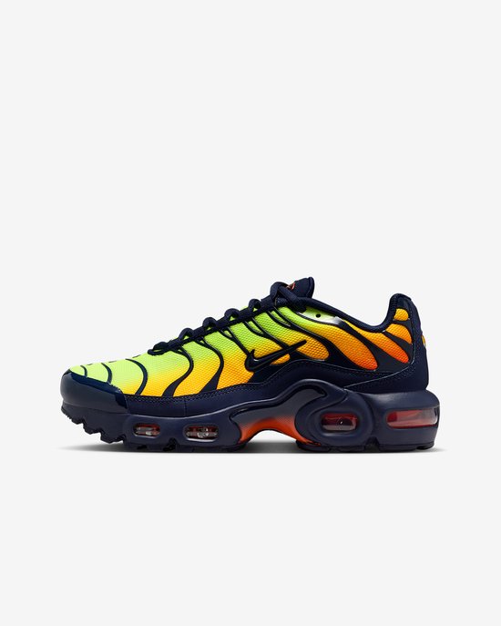Donkerblauwe Nike Air Max Plus sneaker met geel-groen en oranje vlammenpatroon. Donkerblauwe zool en Swoosh.