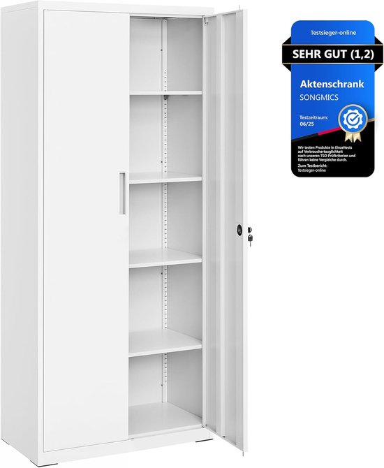 Grijswitte kast met open deur, getoond met een 'Sehr gut (1,2)' keurmerk.