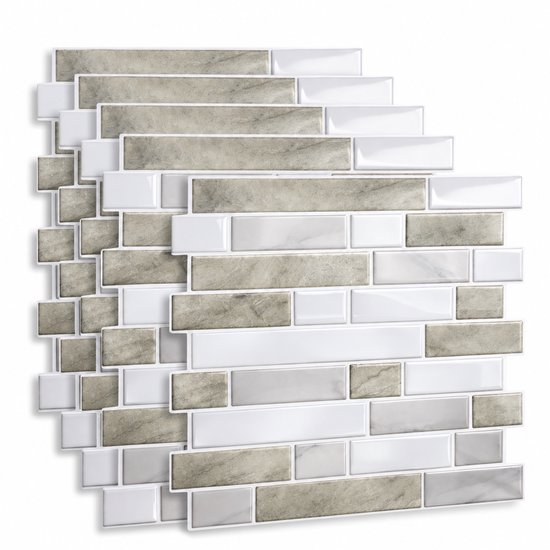 Zelfklevende tegels met een marmerlook in beige en wit, in een honingraatpatroon.