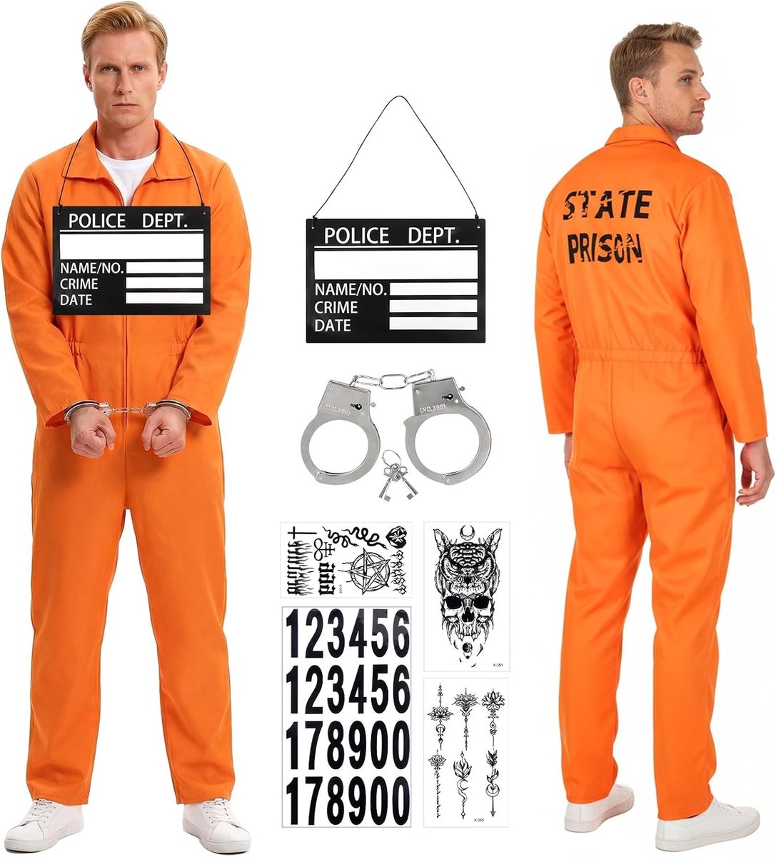 Oranje gevangeniskostuum voor mannen - Klassiek gevangenisoverall met handboeien voor Halloween en cosplay evenementen