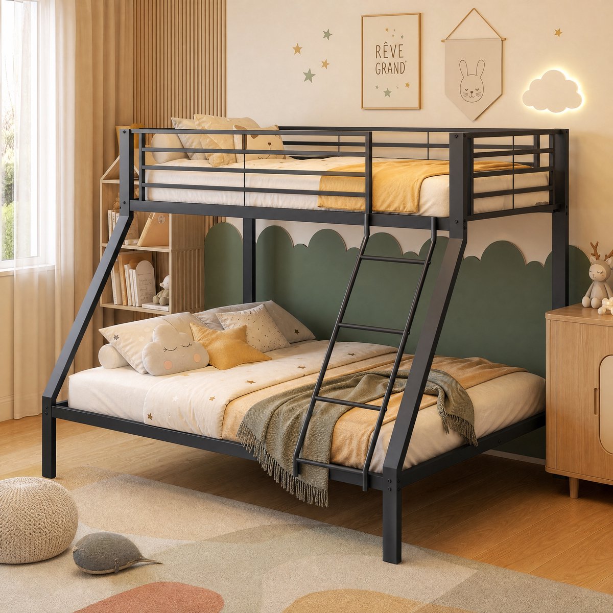 Stapelbed 90x200 cm en 140x200 cm - Ruimtebesparend Familiebed Met Veiligheidshekje en Verplaatsbare Ladder - Zwart Metaal - Zonder matras