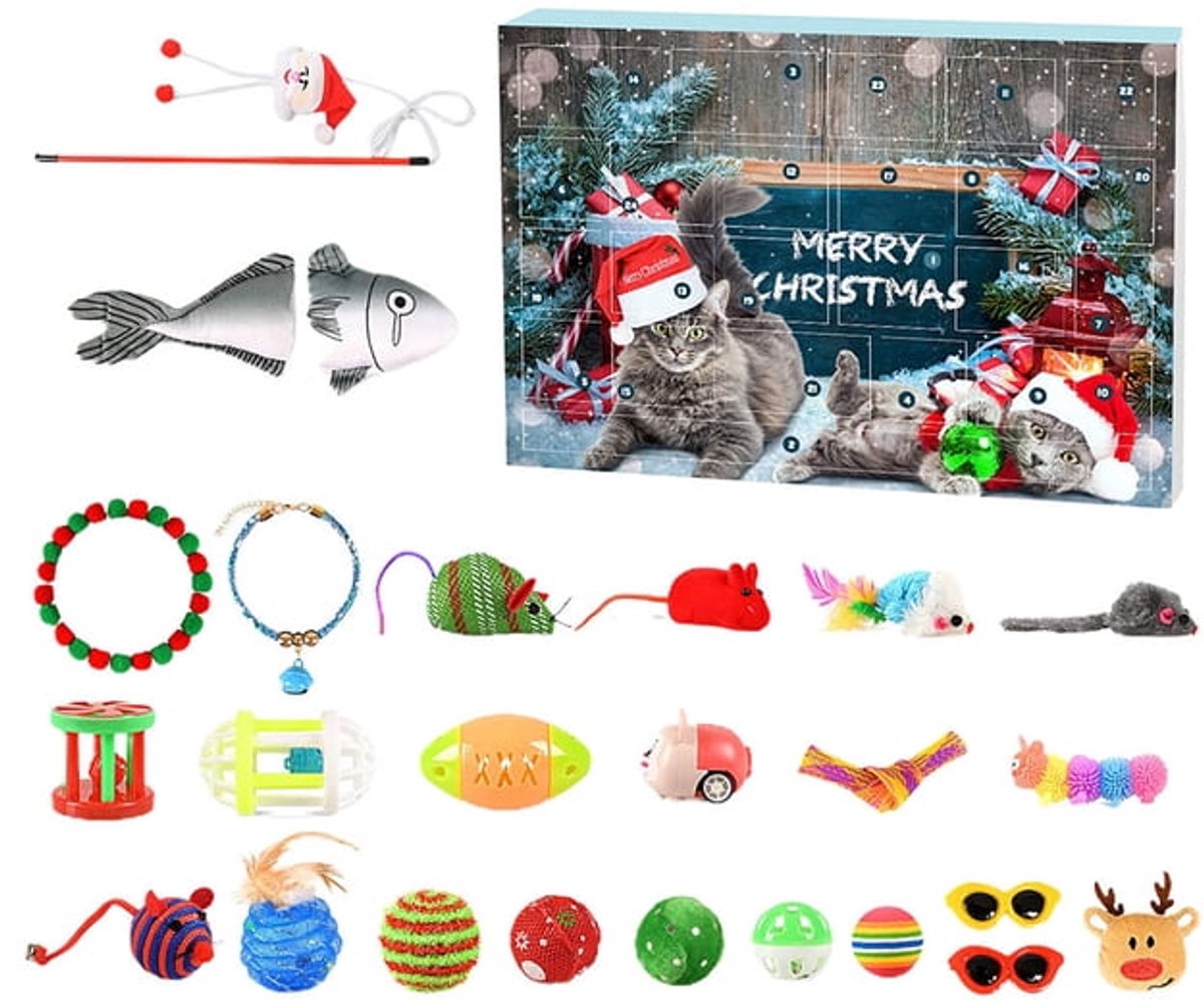 Kerstkalender met aftelfunctie (24 dagen) - Adventscadeau met kattenthema - Kattenspeeltje - Perfect cadeau voor Kerstmis/feestdagen/verjaardagen.