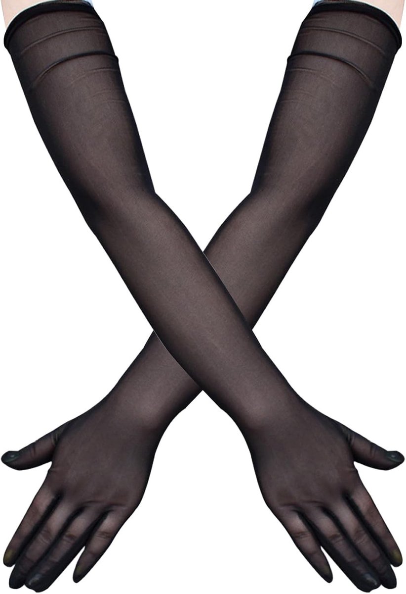 Elegante Zwarte Tulle Handschoenen van 67 cm - Transparante Kanten Elbow Length voor Feestjes, Opera en Halloween Kostuums