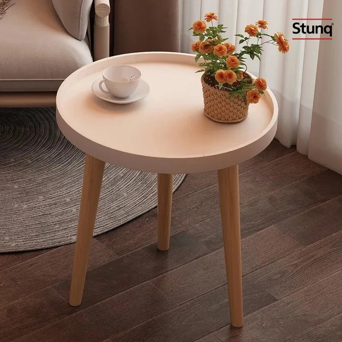 Stunq® Ronde Bijzettafel met Wit Tafelblad en Houten Poten