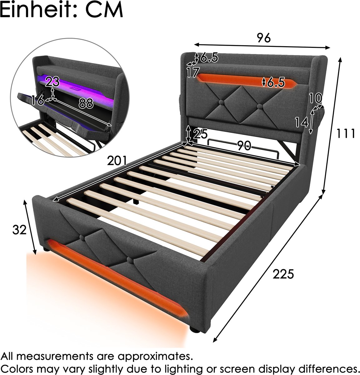 WUVRIE Normaal bed 90x200 cm met hydraulische opbergruimte, LED, USB en type-c, grijs linnen