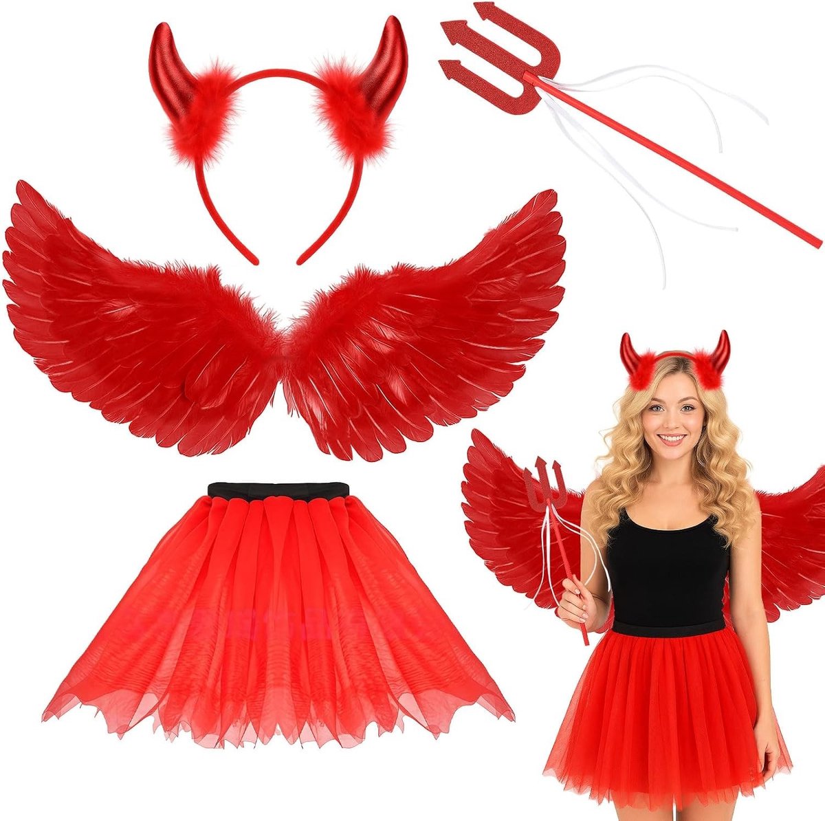 Tule rok voor dames met engelenvleugels, halo en toverstaf - Perfect voor Halloween, carnaval en verkleedpartijen, set van 4 kostuums voor volwassenen