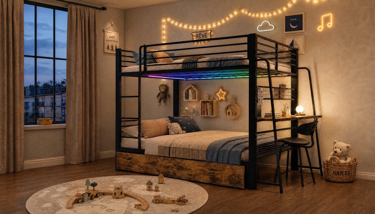 STILVORA Hoogslaper 140x200 cm Met Bureau En 2 Lades – Ledverlichting En Stekkerdoos – Met Opbergruimte En Ladder – Voor Jeugdkamer – Metaal En MDF – Zwart – Zonder Matras