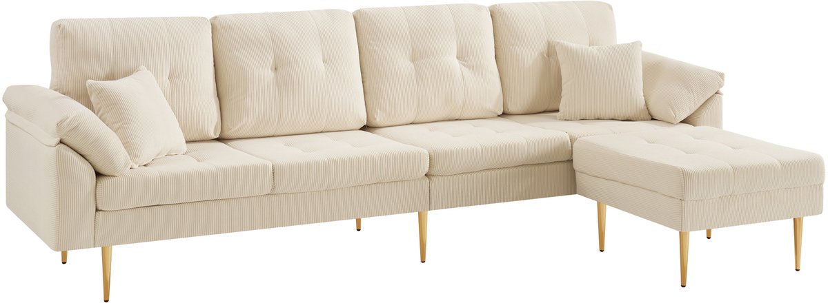 REDOM - Hoekbank - 4-zits corduroy - Flexibele hocker - Moderne stijl - Woonkamer - Stof en metaal - Licht beige - 250 x 70 x 87 cm