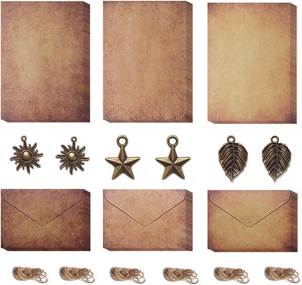 Set van 12 vintage briefpapier en enveloppen, inclusief 6 retro ontwerp enveloppen, metalen accessoires en jute touw voor handgemaakte schrijfgifts