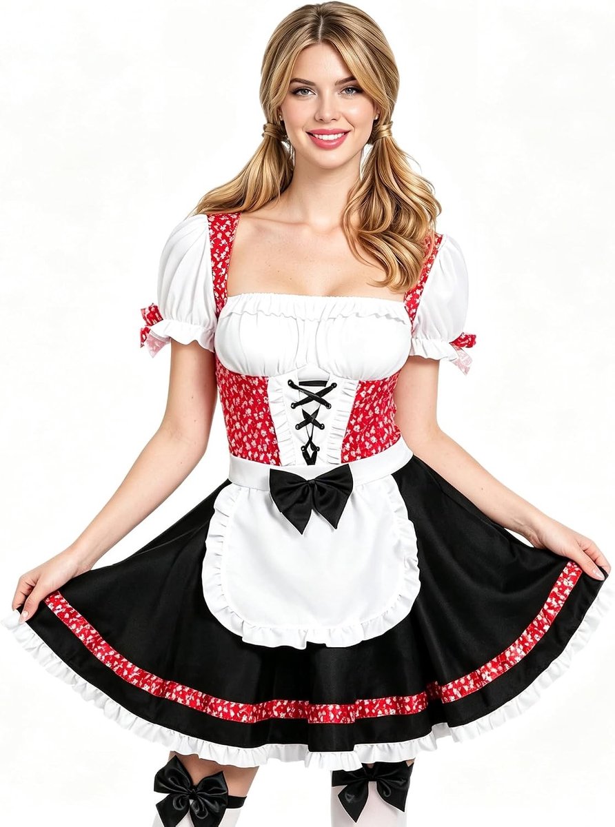 Duitse Oktoberfest Kostuumset voor Vrouwen, Zwart en Rood Biermeisje Jurk met Hoge Kousen en Accessoires voor Feestelijke Gelegenheden